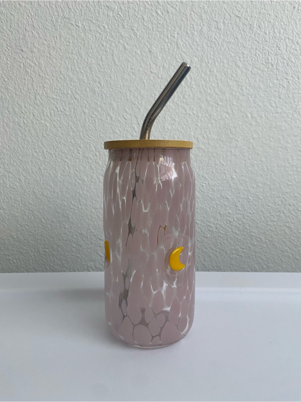 Anthropologie Pink Glass Tumbler with Yellow Crescent Accents & Metal Straw